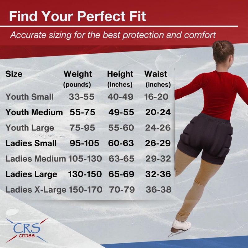 CRS Cross Padded Figure Skating Shorts. Crash Pad Pants for Roller, Inline, Ice Skating, Snowboarding, and Skiing. Fall Impact Protection for Butt, HIPS, and Tailbone (Youth Large Black) - Image 3